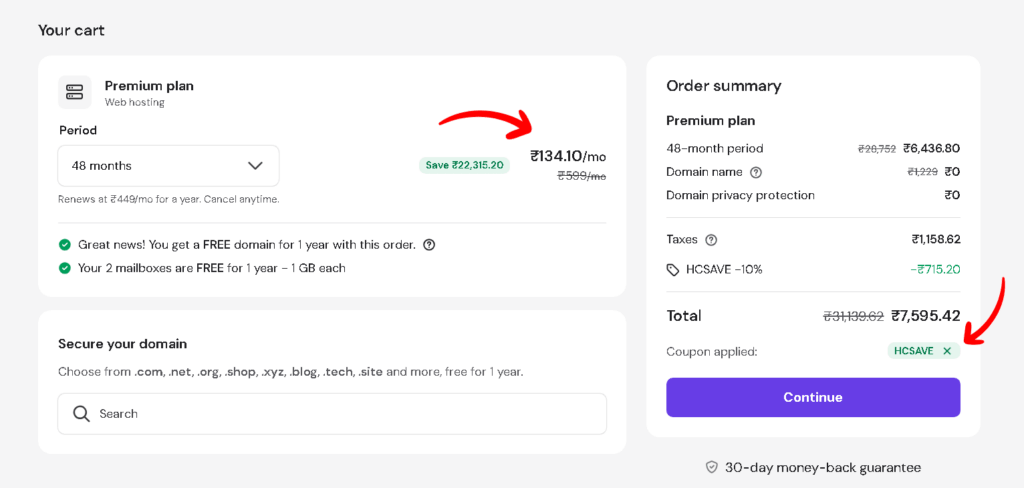 Hostinger Coupon Code Applied on Checkout Page